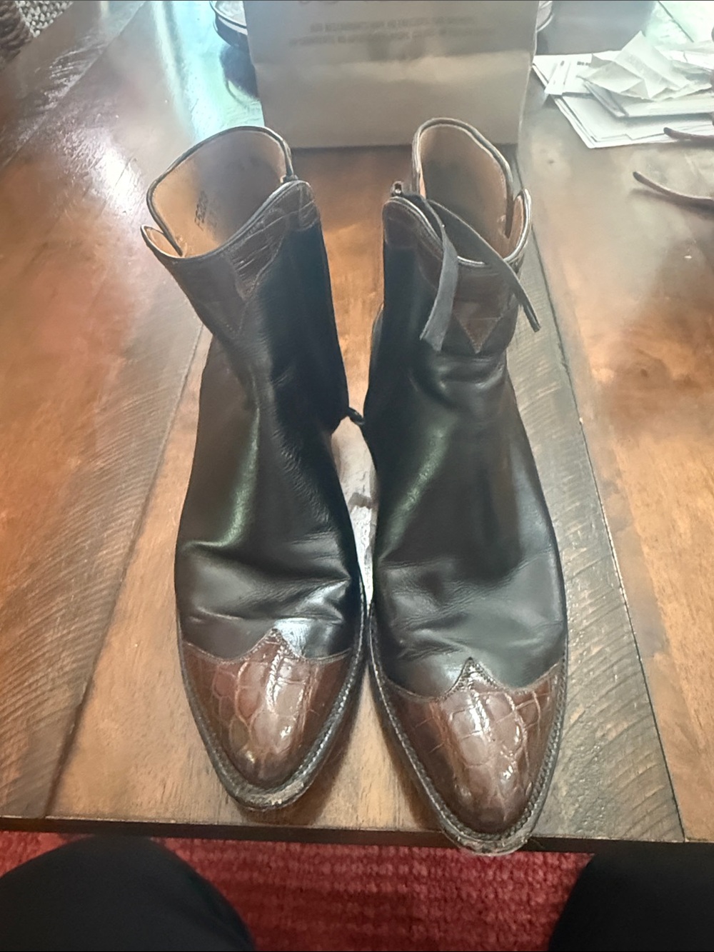 Women’s Lucchese Black Leather Ankle Boots with Brown Croc-Effect Toe